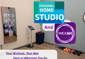 A photo of the personal home studio space at the Bear Levin Studer Y is accompanied by graphics for YMCA360.