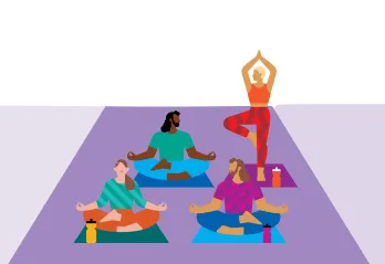 An illustration shows a group of four people in yoga poses.