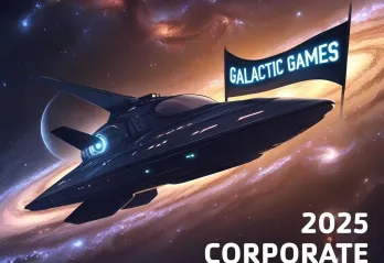 A spaceship appear on a field of stars and distant galaxies, promoting the 2025 Galactic Games, this year's theme for the Y's 29th Corporate Cup.