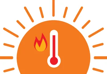 A cartoonish image of a sun with rays overlaid with a thermometer showing high heat, accompanied by a flame.