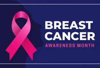 A graphic for Breast Cancer Awareness Month which includes a pink ribbon.