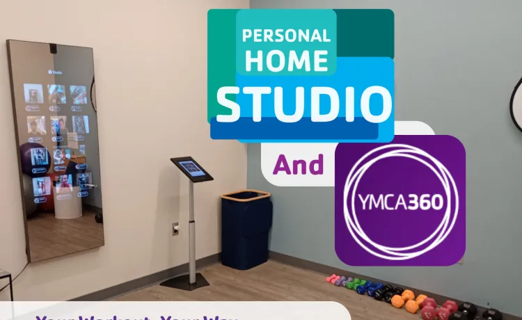 A photo of the personal home studio space at the Bear Levin Studer Y is accompanied by graphics for YMCA360.