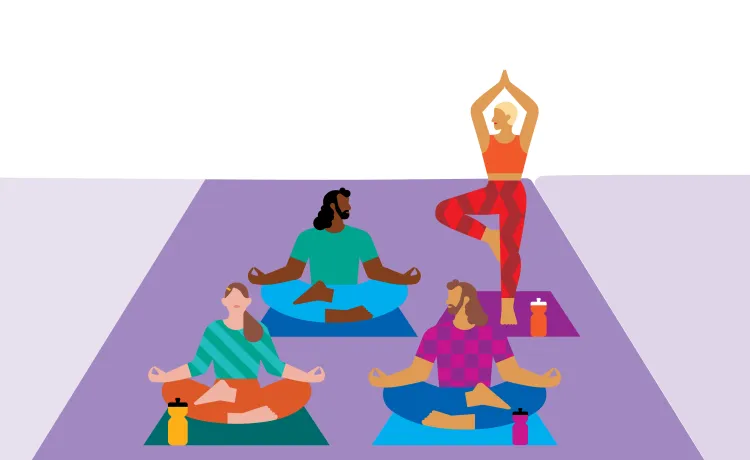 An illustration shows a group of four people in yoga poses.