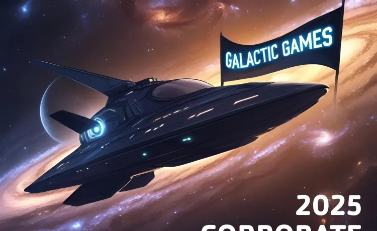 A spaceship appear on a field of stars and distant galaxies, promoting the 2025 Galactic Games, this year's theme for the Y's 29th Corporate Cup.
