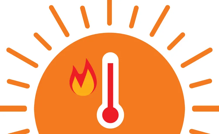A cartoonish image of a sun with rays overlaid with a thermometer showing high heat, accompanied by a flame.