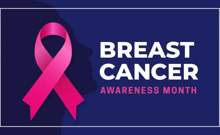 A graphic for Breast Cancer Awareness Month which includes a pink ribbon.