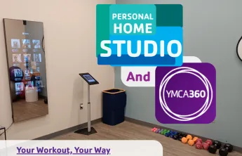 A photo of the personal home studio space at the Bear Levin Studer Y is accompanied by graphics for YMCA360.